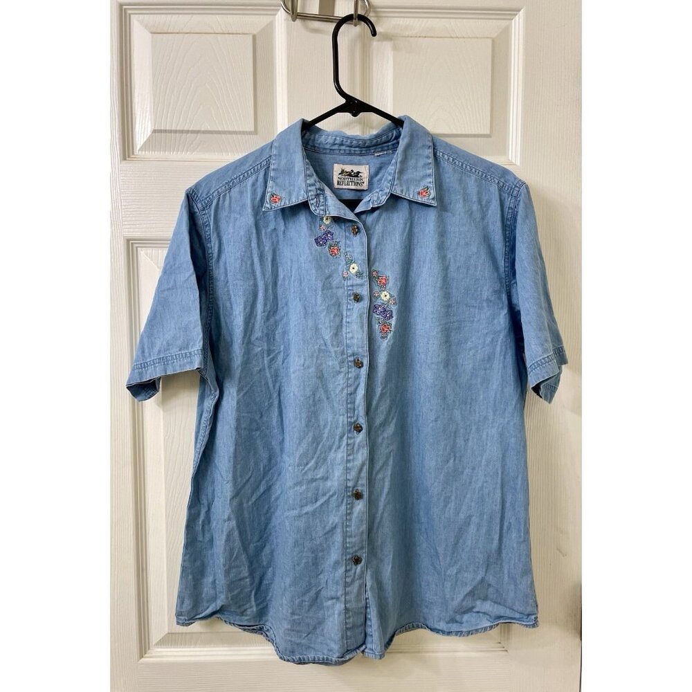 Cottagecore Floral Embroidered Denim Button Shirt Medium Vintage 90’s Mom Granny - Picture 5 of 7